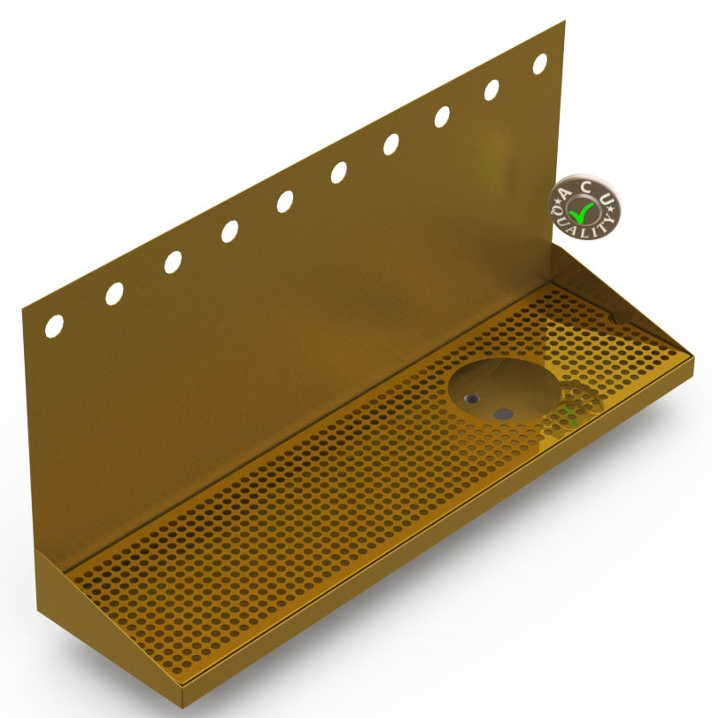 Wall Mount Drip Tray with Right Drain and Rinser Hole | 8" X 30" X 14" X 1" | Brass | 10 Faucet Holes - ACU Precision Sheet Metal