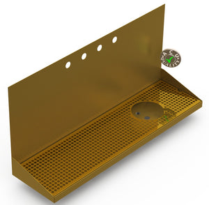 Wall Mount Drip Tray with Right Drain and Rinser Hole | 8" X 30" X 14" X 1" | Brass | 4 Faucet Holes - ACU Precision Sheet Metal