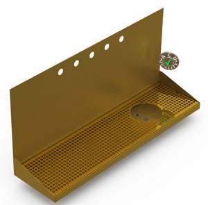 Wall Mount Drip Tray with Right Drain and Rinser Hole | 8" X 30" X 14" X 1" | Brass | 5 Faucet Holes - ACU Precision Sheet Metal