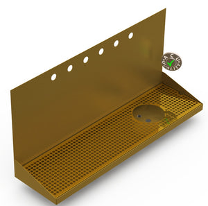 Wall Mount Drip Tray with Right Drain and Rinser Hole | 8" X 30" X 14" X 1" | Brass | 6 Faucet Holes - ACU Precision Sheet Metal