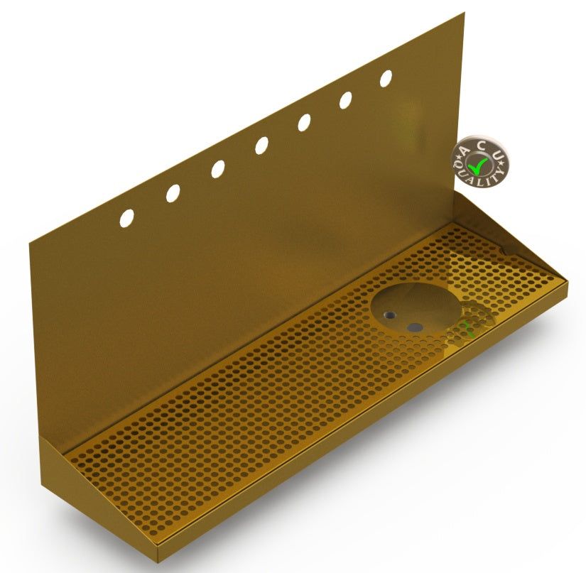 Wall Mount Drip Tray with Right Drain and Rinser Hole | 8" X 30" X 14" X 1" | Brass | 7 Faucet Holes - ACU Precision Sheet Metal
