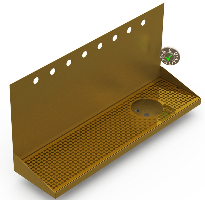 Wall Mount Drip Tray with Right Drain and Rinser Hole | 8" X 30" X 14" X 1" | Brass | 8 Faucet Holes - ACU Precision Sheet Metal