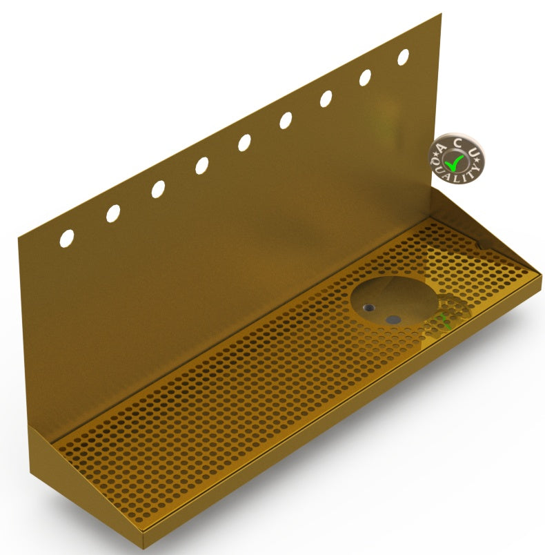 Wall Mount Drip Tray with Right Drain and Rinser Hole | 8" X 30" X 14" X 1" | Brass | 9 Faucet Holes - ACU Precision Sheet Metal