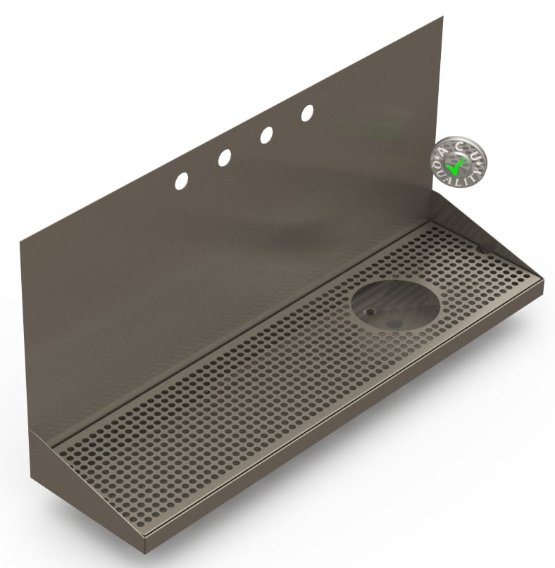 Wall Mount Drip Tray with Right Drain and Rinser Hole | 8" X 30" X 14" X 1" | S/S # 4 | 4 Faucet Holes - ACU Precision Sheet Metal