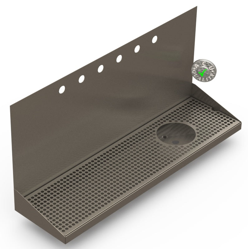 Wall Mount Drip Tray with Right Drain and Rinser Hole | 8" X 30" X 14" X 1" | S/S # 4 | 6 Faucet Holes - ACU Precision Sheet Metal