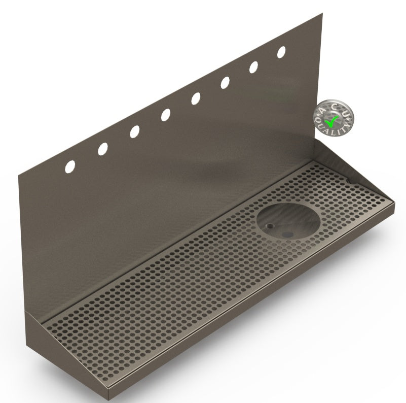 Wall Mount Drip Tray with Right Drain and Rinser Hole | 8" X 30" X 14" X 1" | S/S # 4 | 8 Faucet Holes - ACU Precision Sheet Metal