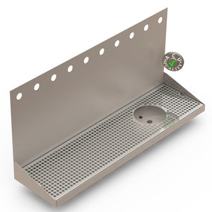Wall Mount Drip Tray with Right Drain and Rinser Hole | 8" X 30" X 14" X 1" | Stainless Steel Mirror Finish | 10 Faucet Holes - ACU Precision Sheet Metal