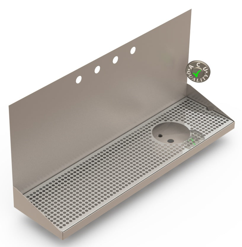 Wall Mount Drip Tray with Right Drain and Rinser Hole | 8" X 30" X 14" X 1" | Stainless Steel Mirror Finish | 4 Faucet Holes - ACU Precision Sheet Metal