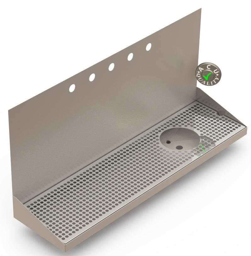 Wall Mount Drip Tray with Right Drain and Rinser Hole | 8" X 30" X 14" X 1" | Stainless Steel Mirror Finish | 5 Faucet Holes - ACU Precision Sheet Metal