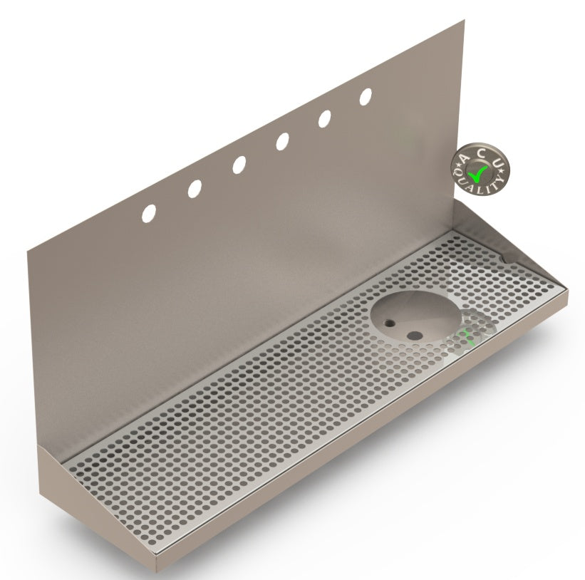Wall Mount Drip Tray with Right Drain and Rinser Hole | 8" X 30" X 14" X 1" | Stainless Steel Mirror Finish | 6 Faucet Holes - ACU Precision Sheet Metal
