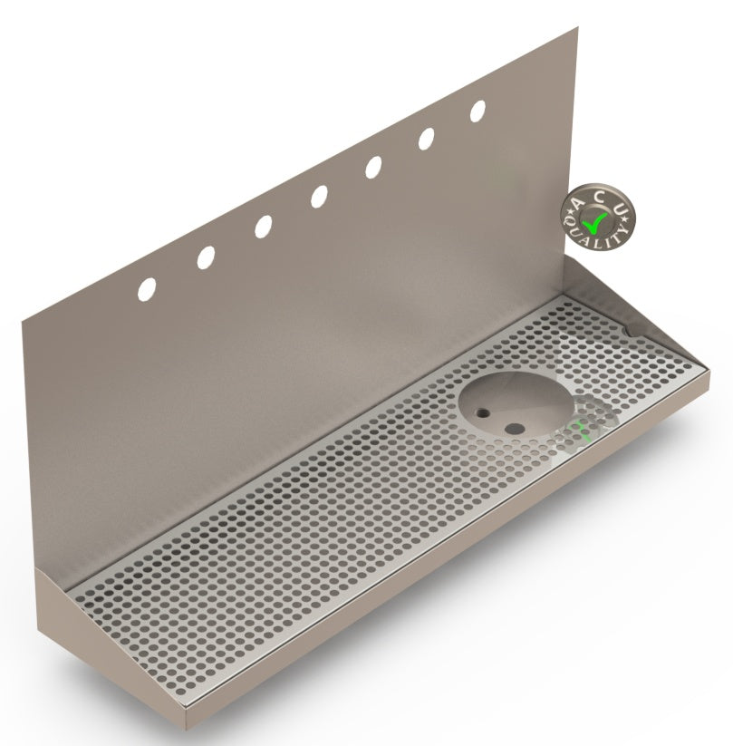Wall Mount Drip Tray with Right Drain and Rinser Hole | 8" X 30" X 14" X 1" | Stainless Steel Mirror Finish | 7 Faucet Holes - ACU Precision Sheet Metal