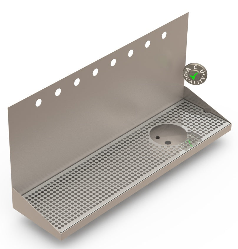 Wall Mount Drip Tray with Right Drain and Rinser Hole | 8" X 30" X 14" X 1" | Stainless Steel Mirror Finish | 8 Faucet Holes - ACU Precision Sheet Metal