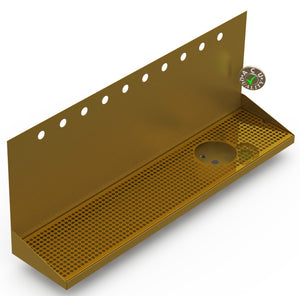 Wall Mount Drip Tray with Right Drain and Rinser Hole | 8" X 36" X 14" X 1" | Brass | 10 Faucet Holes - ACU Precision Sheet Metal