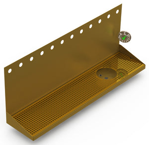 Wall Mount Drip Tray with Right Drain and Rinser Hole | 8" X 36" X 14" X 1" | Brass | 12 Faucet Holes - ACU Precision Sheet Metal