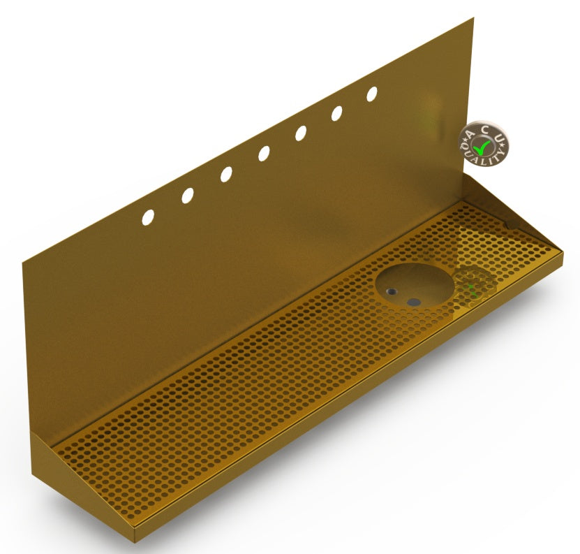 Wall Mount Drip Tray with Right Drain and Rinser Hole | 8" X 36" X 14" X 1" | Brass | 7 Faucet Holes - ACU Precision Sheet Metal