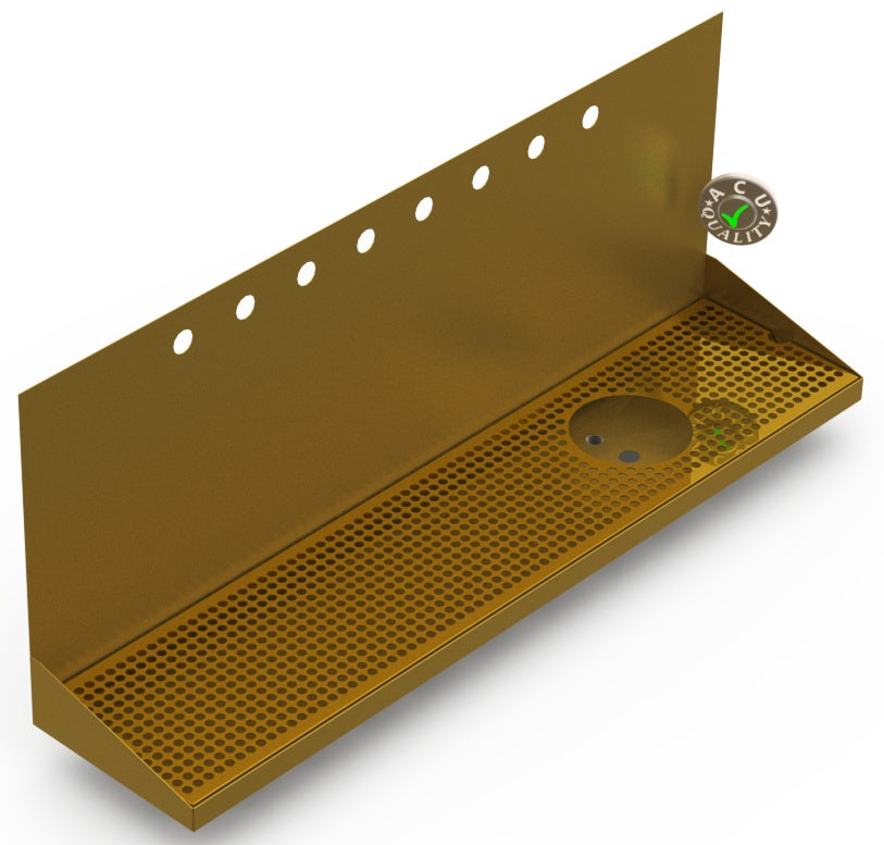Wall Mount Drip Tray with Right Drain and Rinser Hole | 8" X 36" X 14" X 1" | Brass | 8 Faucet Holes - ACU Precision Sheet Metal