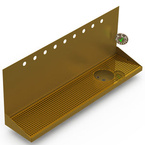 Wall Mount Drip Tray with Right Drain and Rinser Hole | 8" X 36" X 14" X 1" | Brass | 9 Faucet Holes - ACU Precision Sheet Metal