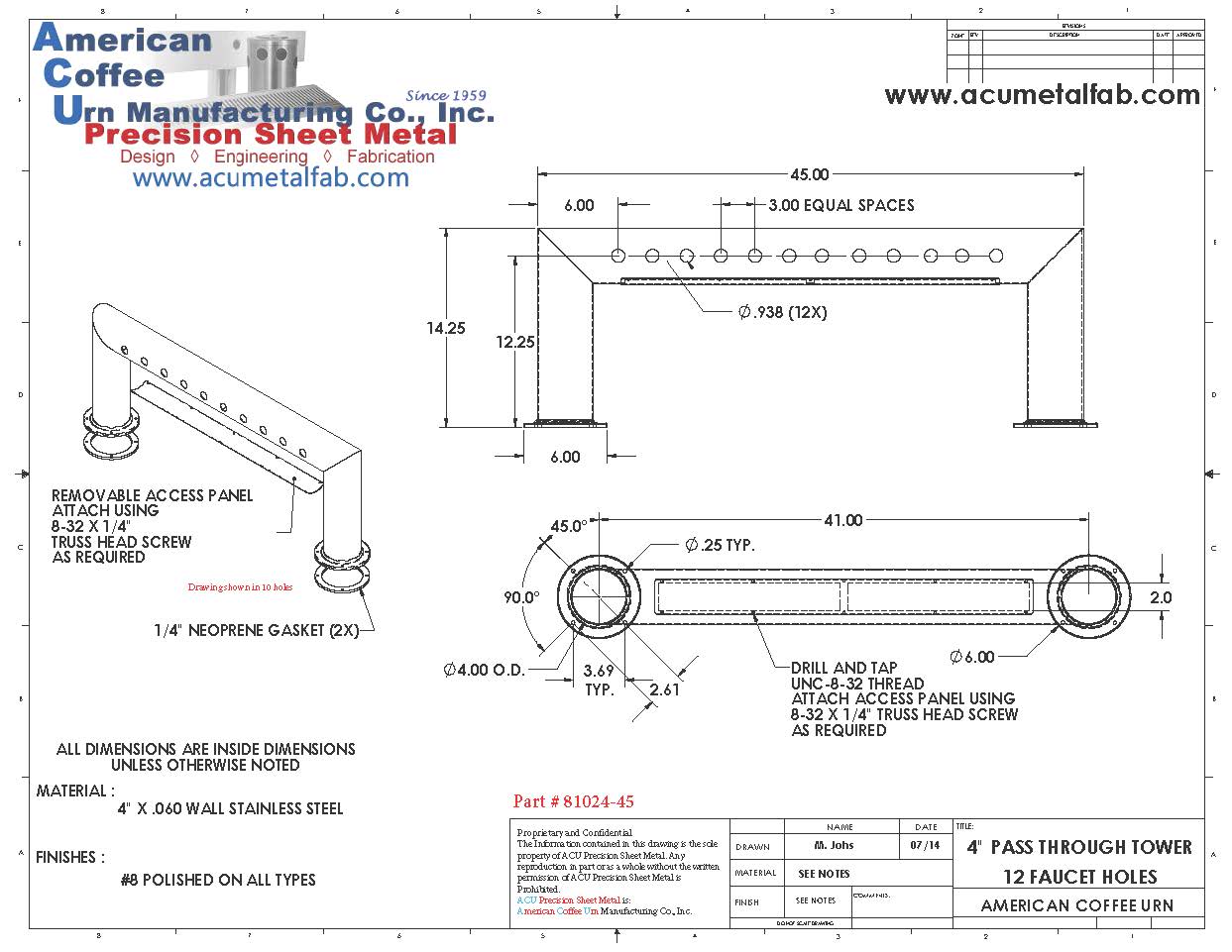 Draft Beer Pass Thru Tower | 12 Faucet Holes (45" Long) | S/S # 8