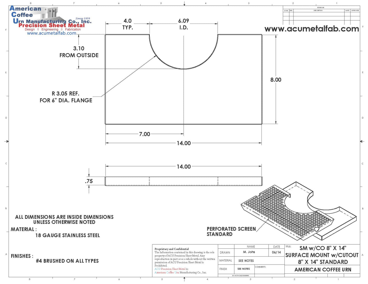 Cut Out Surface Mount Drip Tray | 8” X 14”| 4" Column Tower | S/S #4 | No Drain