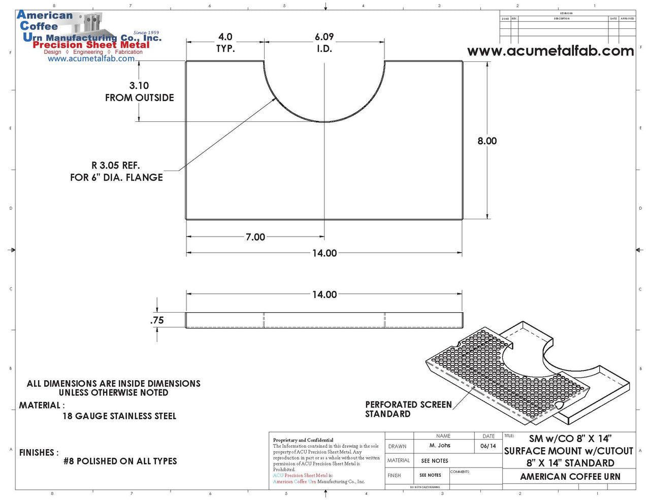 Cut Out Surface Mount Drip Tray | 8” X 14”| 4" Column Tower | Mirror Stainless | No Drain