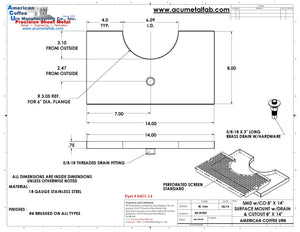 Surface Mount Drip Tray with Cut Out and Drain | 8" X 14" X ¾" | 6" Flange | SS #4
