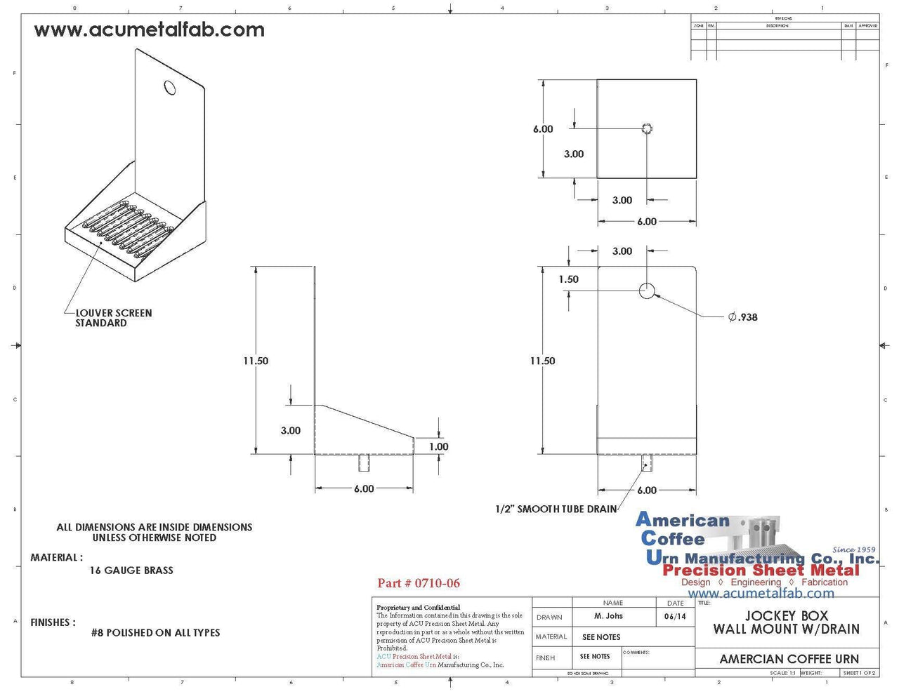Jockey Box | Wall Mounted Drip Tray | Brass - ACU Precision Sheet Metal
